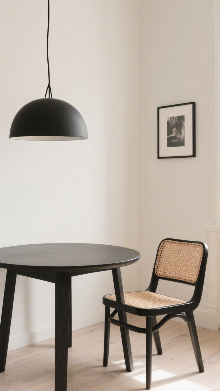 Detail/medium shot: Crisp contrast accents—black pendant canopy and cord above the table, slim black-framed photo on the wall, and a chair with black frame and natural paper-cord seat; restrained use of black to outline the space while preserving the soft Scandinavian glow; warm lighting and pale surroundings.