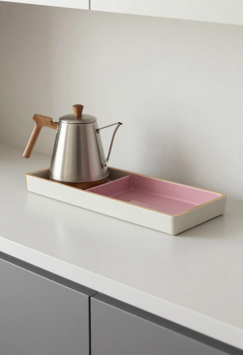 Detail montage-style closeup: Budget-friendly viola accents—a pastry slab on a quiet countertop, a small rectangular backsplash insert behind a kettle, end-grain edge guards on a cabinet end, and a coordinated viola tray; an appliance garage nook lined in viola peeks open; soft ambient light; no people.