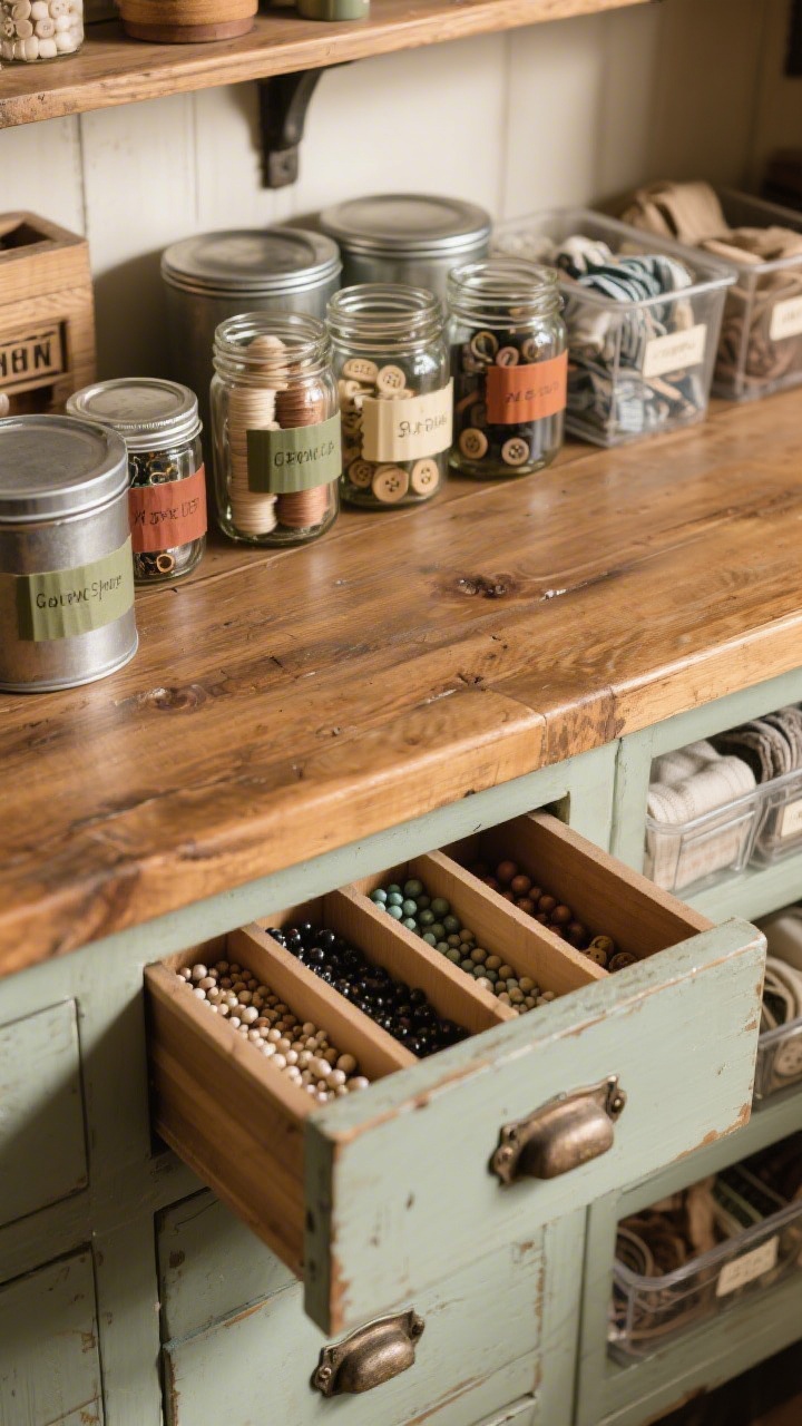 Detail overhead shot of organization styled like a vintage general store: glass jars with threads and buttons, labeled metal tins for odd bits, and clear bins with neatly folded fabric. Labels appear on both front and top of containers; muted washi tape tabs in olive, rust, and cream as subtle color-coding. Three and five jar groupings for a curated look. Include an antique drawer opened with thin balsa-wood dividers neatly corralling beads. Surfaces are warm oak, with a slightly worn countertop; soft ambient light with gentle shadows to emphasize textures.