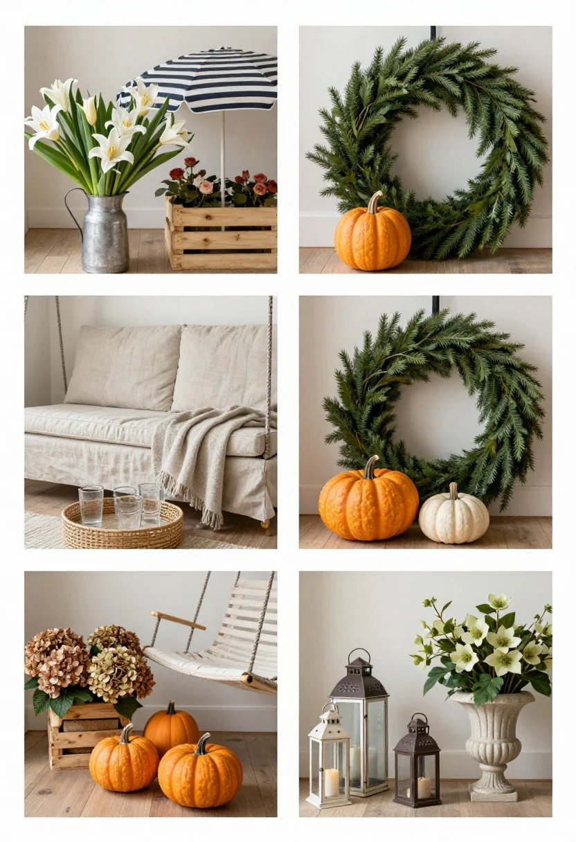 Detail, seasonal vignette collage captured as a single styled corner: spring crate of forced bulbs with a zinc pitcher; summer linen-cushioned bench under roses with striped umbrella and rattan tray with glassware; autumn heirloom pumpkins in muted tones beside dried hydrangea heads and a wool throw on a swing chair; winter cluster of lanterns with an evergreen wreath and a sculptural urn planted with hellebores; cohesive, muted palette and refined textures; no people.