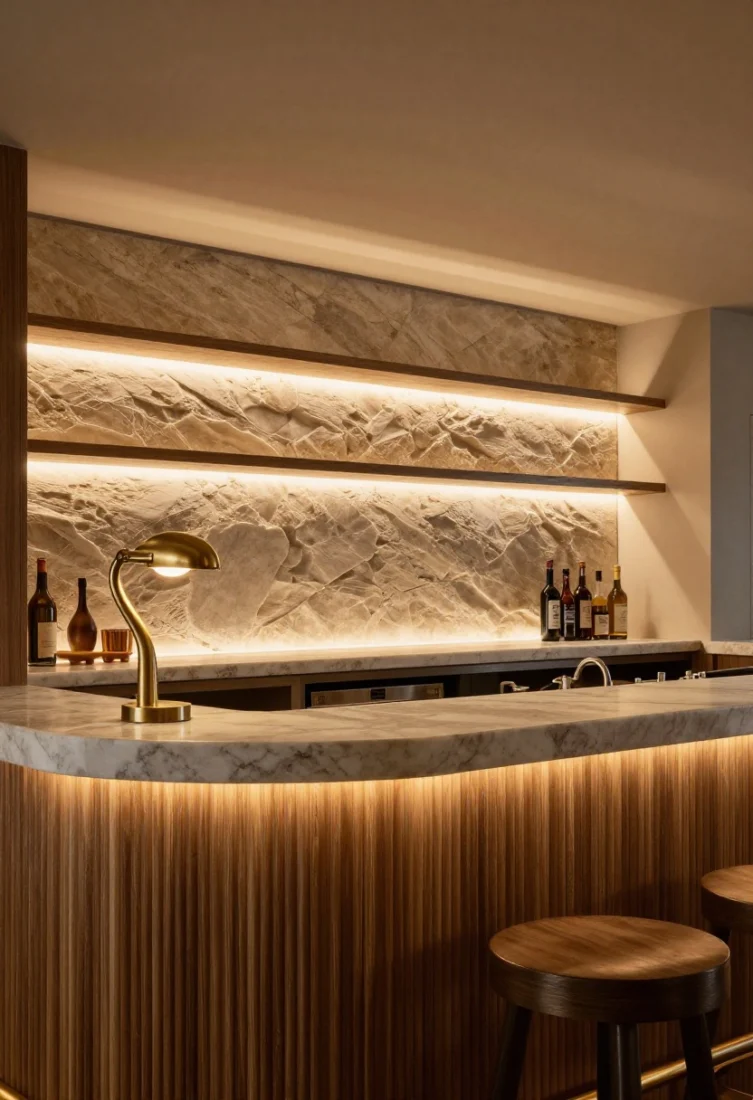 Detail shot focusing on layered lighting like a boutique bar: under-shelf LED strips casting shadow-free illumination on a honed stone backsplash, a linear ambient ceiling wash, and a single sculptural brass sconce framing the cook zone; textures—ribbed wood panel, brushed metal edge, and honed marble—subtly glow under warm 2700K–3000K light; intimate, high-end bar vibe