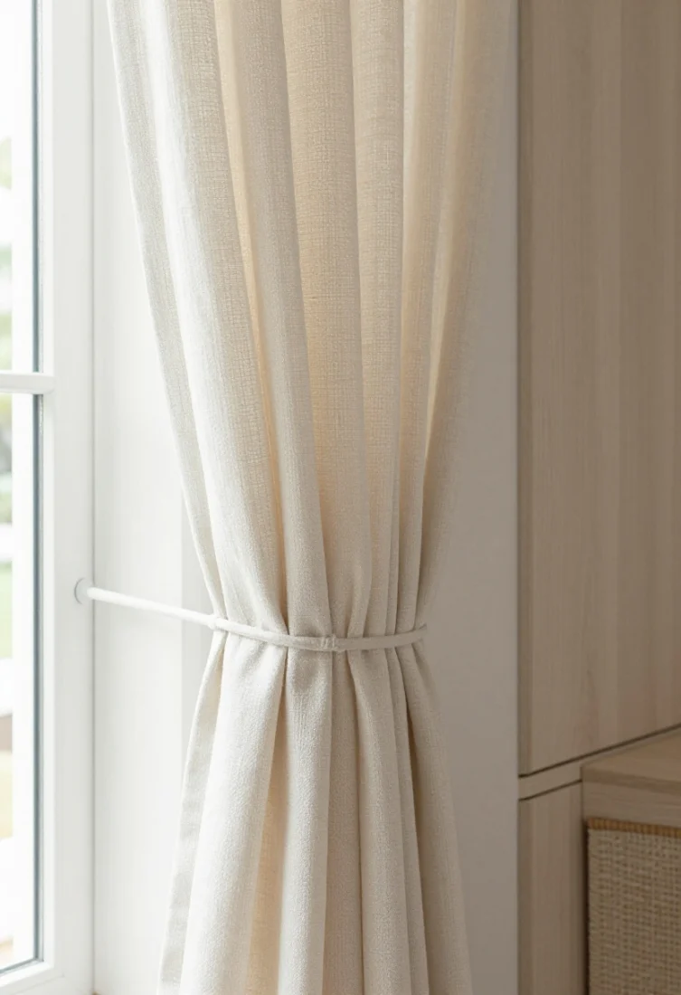 Detail shot: Header closeup of tie-top curtains in lightweight linen on a slim white metal rod. Short, uniform ties create rhythmic intervals; narrow tabs used on an adjacent window for a modern variant. Gauzy fabric nods to relaxed coastal texture, paired with pale oak cabinetry and woven bath mat. Soft natural light highlights the linen weave; airy and elevated.
