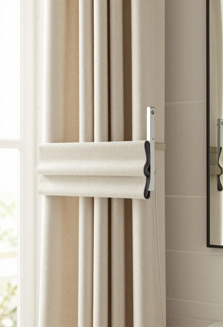 Detail shot: Tailored Roman shade in a performance fabric (poly-linen blend) inside-mounted within a deep jamb with beautiful casing. The structured stack creates elegant horizontal rhythm against vertical tile seams and a tall mirror. Cordless or continuous-loop mechanism visible in premium finish, blackout lining noted. Soft, warm neutral color; refined, custom look under softly diffused daylight and polished hardware.