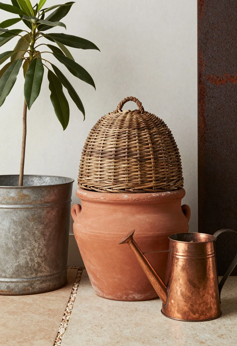Detail, styled still-life vignette of a weathered materials palette: antiqued zinc planters beside warm terracotta and salt-glazed stoneware, woven willow cloches, a burnished copper watering can; background hints of corten steel and pale limestone chippings path; soft, directional light showcasing matte, tactile finishes and layered patina; luxury editorial styling; no people.
