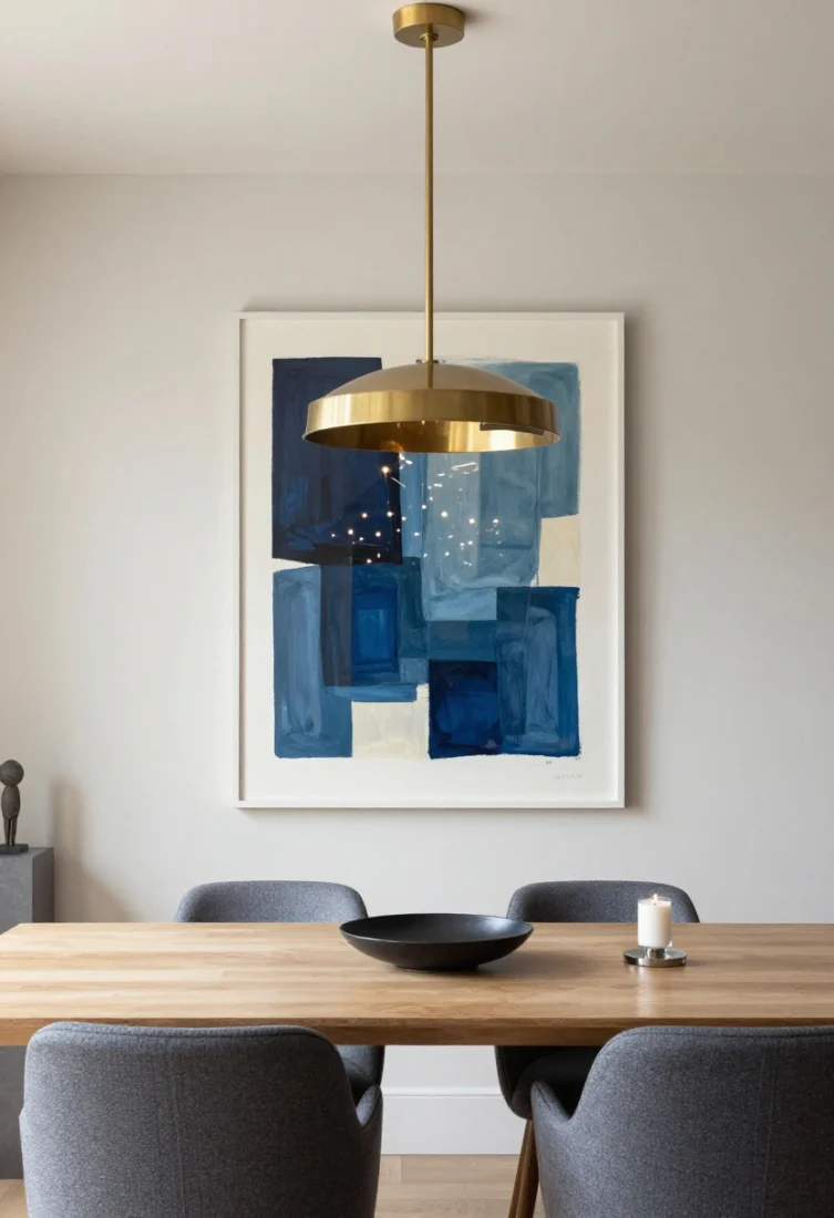 Detail-to-medium shot centered on a single large-scale abstract artwork over the dining credenza, occupying at least two-thirds the table width; artwork center hung at 58 inches for seated sightlines; dedicated brass picture light above, using high-CRI 2700–3000K LEDs; museum glass or non-glare acrylic eliminates reflections from chandelier and candles; disciplined styling with a pedestal plinth holding a small sculpture beside the credenza; tones of petrol blue and cream in the art pop against a softly painted neutral wall; refined, gallery-like mood with layered lighting.