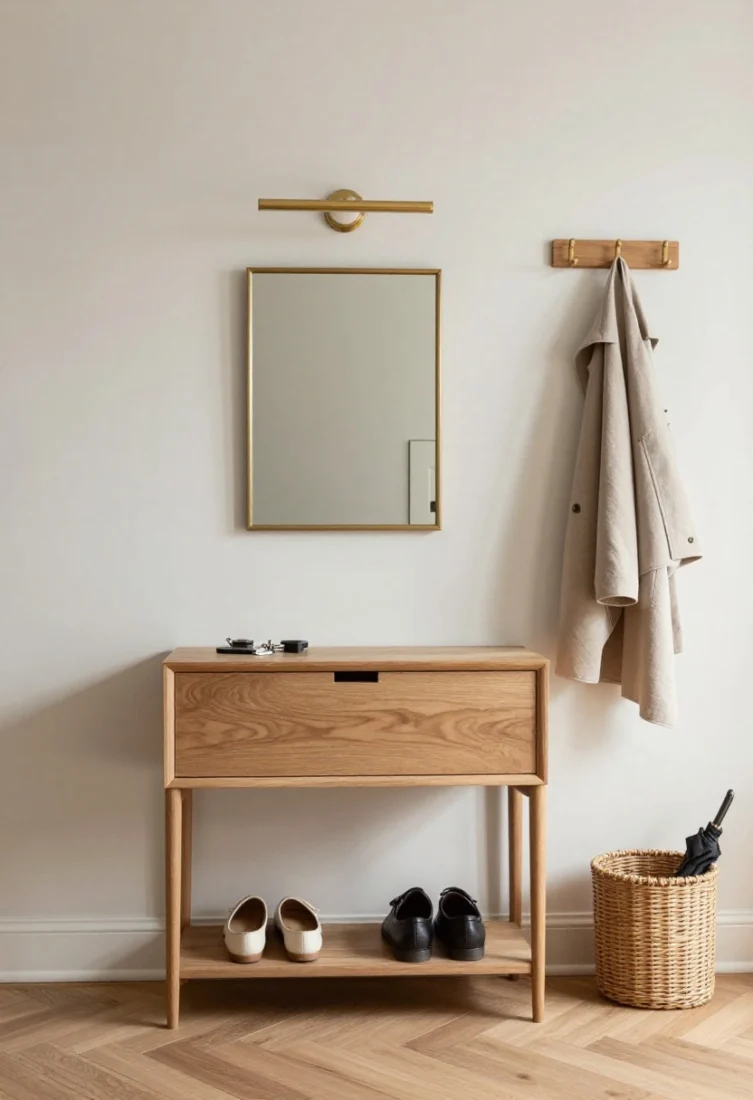 Detail-to-medium shot, straight-on: Defined micro-entry on a 24-inch wall—slender console (10–12 inches deep) with slim legs and a discreet drawer, a small brass-framed mirror above, and a wall-mounted hook rail for coats. A tonal runner visually separates entry from living area; a shallow tray corrals keys, and a lidded woven basket tucks under the console for shoes or umbrellas. Overhead picture light or petite sconce adds ceremony. Elevated, orderly, boutique-hotel arrival.