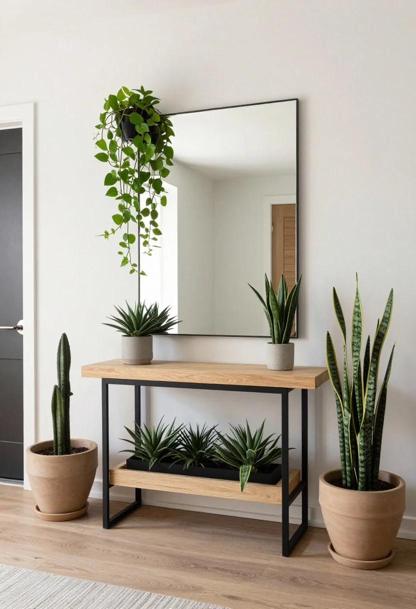 Entryway, wide shot: a minimalist console table flanked by matching floor planters for light symmetry; a single trailing plant offset on one side for movement; a shallow catch-all tray on the console with a low succulent or snake plant; large mirror above bouncing light and doubling greenery; low-maintenance plants like ZZ and snake plant near the doorway; neutral palette with black metal and light wood; soft natural daylight, welcoming mood, straight-on view.