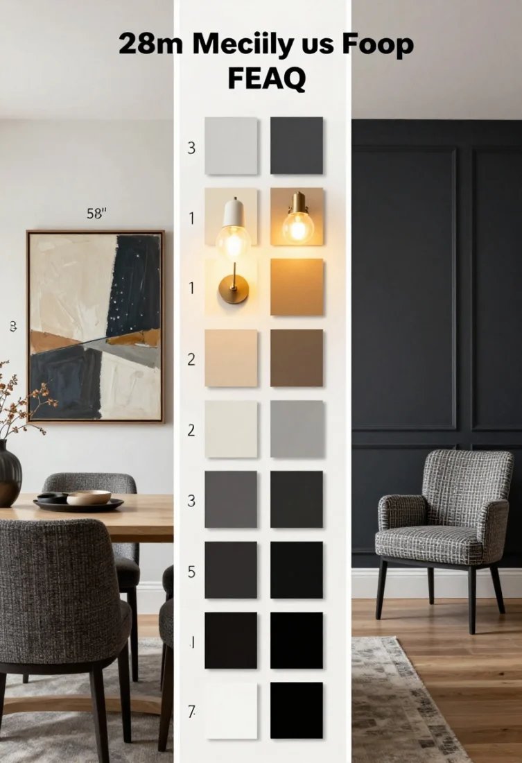 FAQ-focused medium closeups, arranged as a triptych: - Left: a large artwork over a table spanning two-thirds its width, grid option showing 2-inch spacing, centerline hung at 58 inches. - Center: paint finish comparison swatches—matte and eggshell near-black hues—under warm 2700K sconces demonstrating velvety absorption; note for high-quality matte or low-sheen satin for wipeability. - Right: balanced mix example—bold saturated wall with solid textural chairs and a restrained rug; alternate panel shows patterned chairs with quiet monochrome millwork wall. All scenes lit with layered, warm light and premium, photorealistic styling.