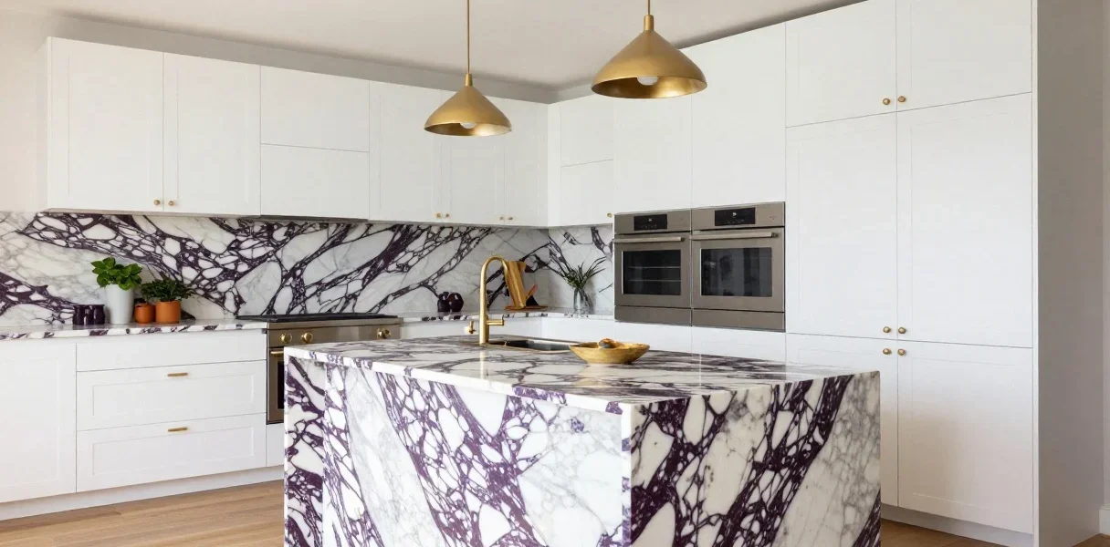 Featured image for: 18 Viola Marble Kitchen Ideas That Feel Bold and Stylish