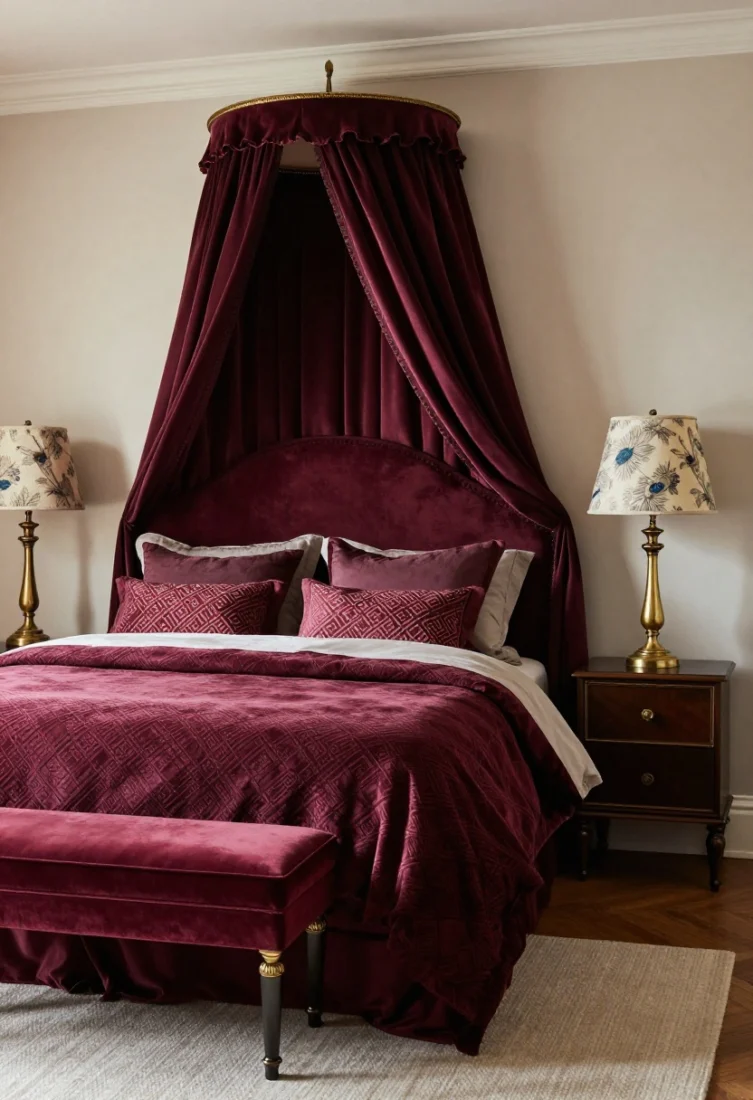 Medium bedroom view: A near-ceiling upholstered headboard in solid velvet, paired with a draped canopy lined in a contrasting satin; saturated bedding in claret and peacock, patterned lampshades on patinated brass bedside lamps, and a skirted nightstand; a velvet bench color-echoing the headboard, all under soft, layered warm light for a sculptural focal point.