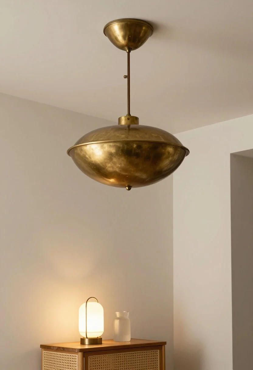 Medium ceiling-focused shot of an entryway showcasing a sculptural pendant in aged brass, sized appropriately for a small space (about 16 inches wide) with 7 feet clearance; warm layered lighting with a small table lamp glowing on the console below; rattan and frosted glass textures subtly referenced in decor, evening ambiance.