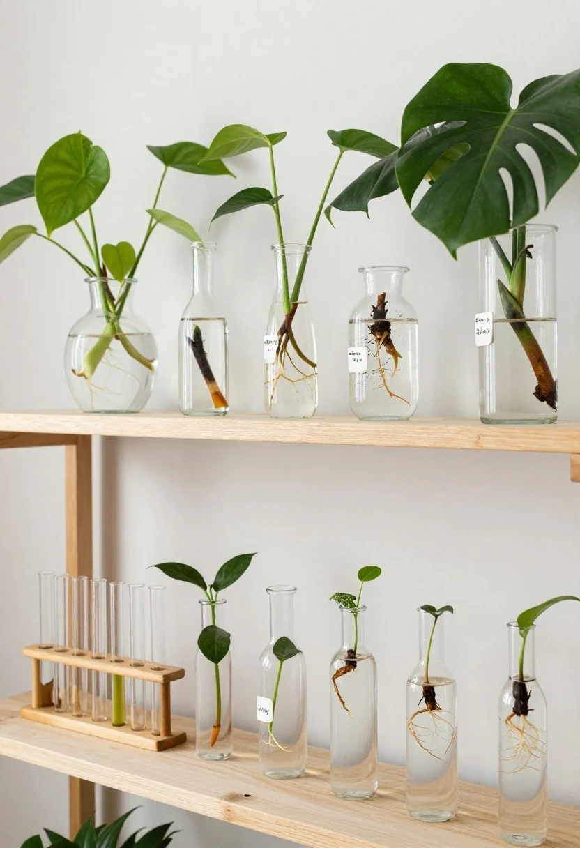 Medium close shot of a dedicated propagation station on a narrow shelf near bright, indirect light: stylish vessels including test tubes in a wooden holder, bud vases, and mismatched clear glass bottles; visible cuttings of pothos, tradescantia, monstera adansonii, and philodendron rooting in water; tiny labeled tags with plant names and dates; clean backdrop, airy mood, side lighting highlighting water clarity and new roots.