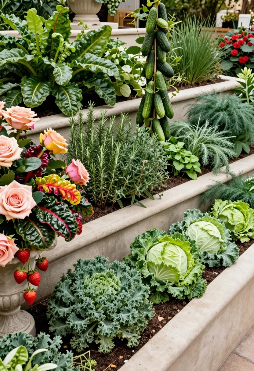 Medium-close shot of ornamental beds artfully woven with edibles: glossy rainbow chard among roses, frilly kale against low box edging, strawberries tumbling from a classic urn; herbs (thyme, chives, dwarf rosemary) forming a scented border; cucumbers trained on elegant obelisks; couture mix of feathery dill with structured cabbage; warm, refined ambiance; no rigid rows; no people.