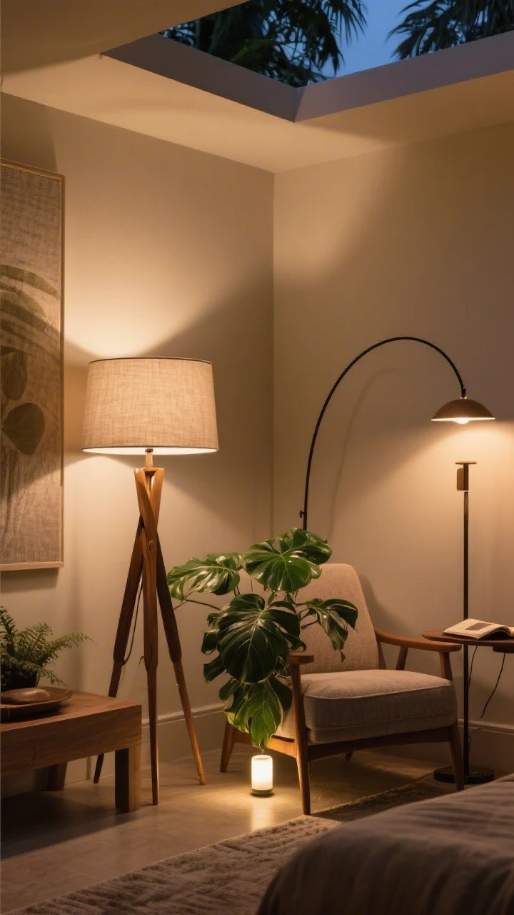 Medium corner angle: A cozy corner anchored by a sculptural tripod floor lamp with a fabric shade providing wide, diffused ambient light; nearby, an arc lamp reaches over a reading chair, and a torchiere softly bounces light off the ceiling, all dimmed to evening levels. A lush plant sits beside the chair with a discreet uplight at its base, making the leaves glow like a rainforest spa. Warm tones, layered textures, and gentle shadows that hug the room—not loom.
