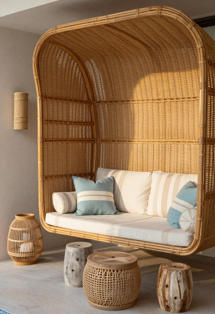 Medium, corner-angle shot of an all-weather woven rattan-inspired porch swing with airy open weave and soft sandy tones; ivory cushions with oatmeal stripes and coastal blue accents; paired woven lanterns and a rope-detailed wall light echoing texture; bleached wood stools used as side tables; gentle afternoon light emphasizing shadow play through the weave; serene, beach-club palette with elevated neutrals and premium finishes.