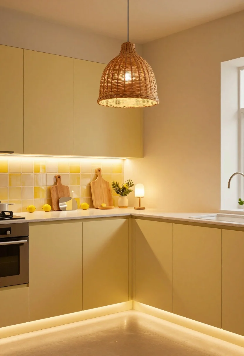 Medium corner shot emphasizing lighting that flatters lemon tones: warm 2700–3000K bulbs, a rattan or woven pendant above the island, discreet under-cabinet LED strips washing a lemon vignette and cutting boards, and a tiny accent lamp on the counter for evening ambiance; reflective element like a small mirror tray or glossy tile near yellow accents to bounce warm light; soft shadows, cozy glow