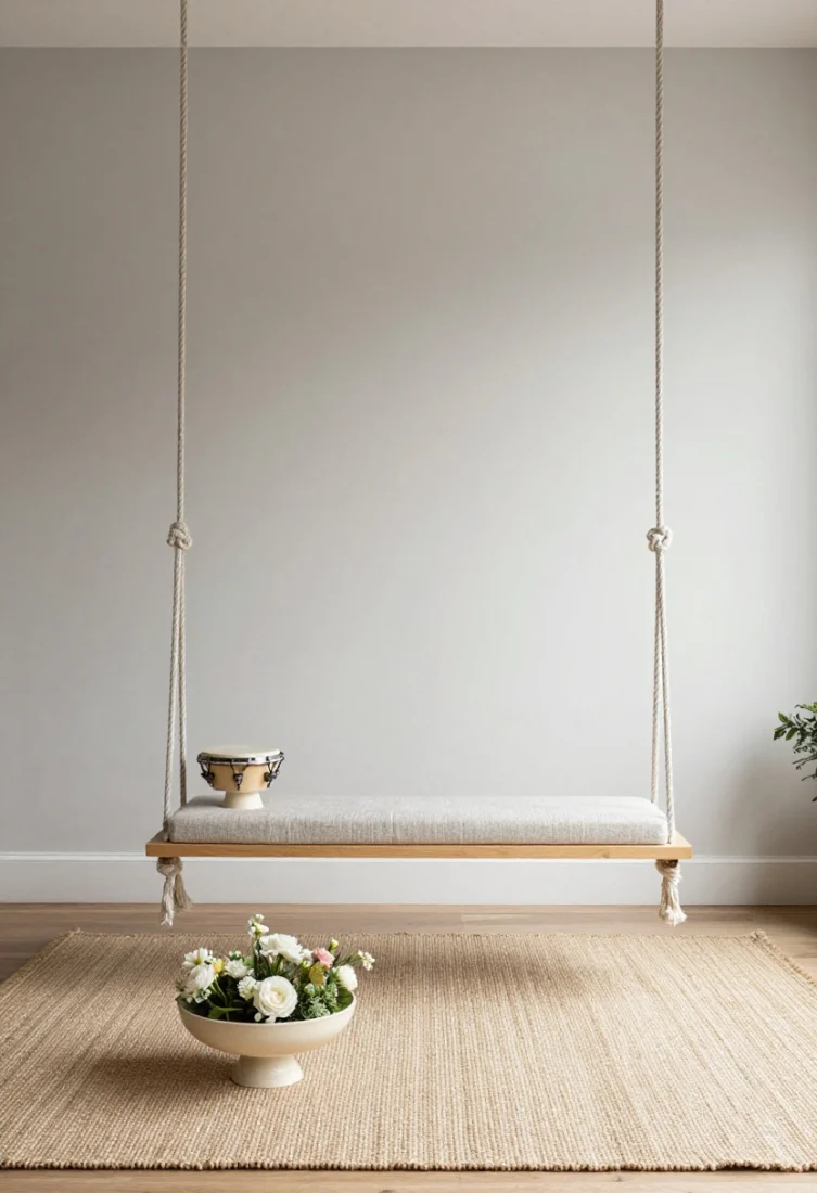 Medium, framed vignette defining the swing “room”: a flatweave performance sisal-style rug anchors the scene in a deeper tone underfoot; a pair of petite drum side tables flanking the swing for symmetry; a low floral arrangement in a footed bowl on one table; palette graduates from darker rug to lighter seat textiles to richer wall tones, creating a soft upward gradient; crisp, edited styling with premium materials and balanced proportions.