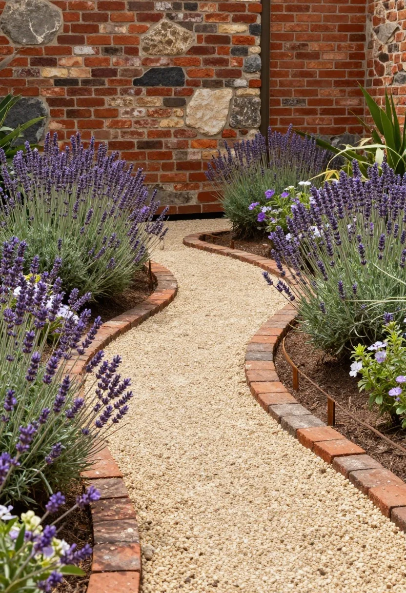 Medium, low-perspective shot down a softly curving pea gravel path edged with tumbled brick and slender corten, flanked by knee- and hand-height lavender, thyme, and sweet alyssum for scent release; reclaimed brick and irregular stone accents with subtle patina; intimate 36–48 inch width; warm, dappled light revealing texture; no glossy pavers, no perfect symmetry; luxe, timeless materials; no people.