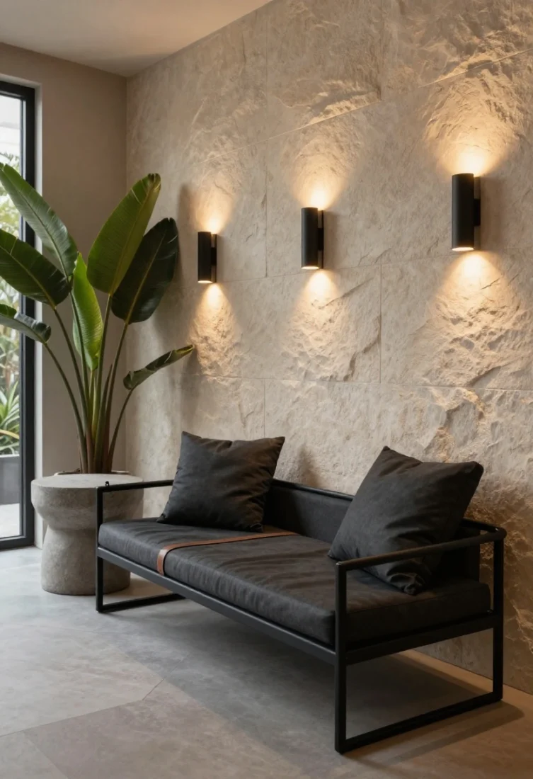 Medium, moody composition of a matte black powder-coated steel swing with minimalist lines, charcoal cushions, and subtle weather-rated faux-leather strap accents; linear up/down wall sconces wash a natural stone wall with warm light; a sculptural concrete side table anchors one end; a single large-leaf plant (bird of paradise) adds lush contrast; evening scene where the black frame visually recedes to let layered lighting sing; refined, modern luxury editorial tone.