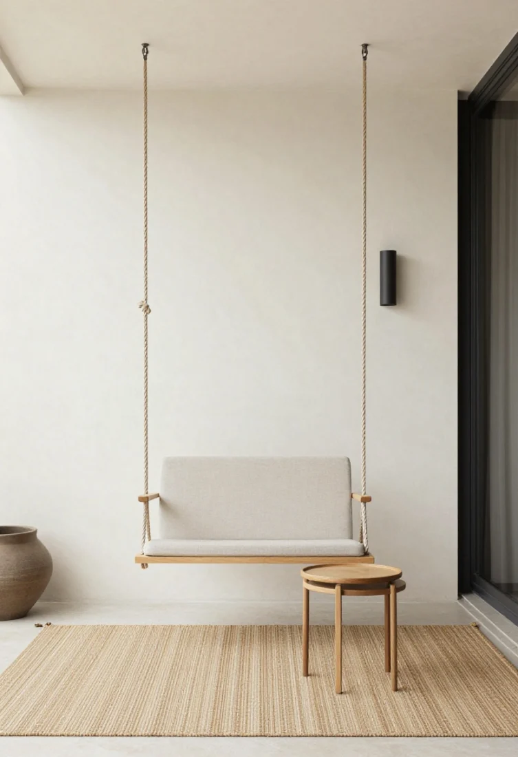 Medium, narrow small-porch setup featuring a slim, armless swing with a higher back for support, hung with marine-grade rope to reduce visual clutter; light, tonal performance fabrics to expand the sense of space; a vertical outdoor sconce to stretch the wall plane; petite nesting side tables for flexible function; a runner-style outdoor rug elongating the footprint; confident, space-savvy composition with premium finishes and airy negative space.