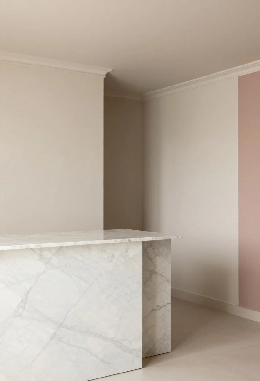 Medium room shot: Viola marble counters glowing against walls in muted, cloudy paint tones—warm white (Swiss Coffee), soft greige (Skimming Stone), and hints of dusty blush (Sulking Room Pink) in accessories; ceilings a slightly warmer white; eggshell walls, satin trim; the marble veining appears especially crisp under diffused daylight; no people.