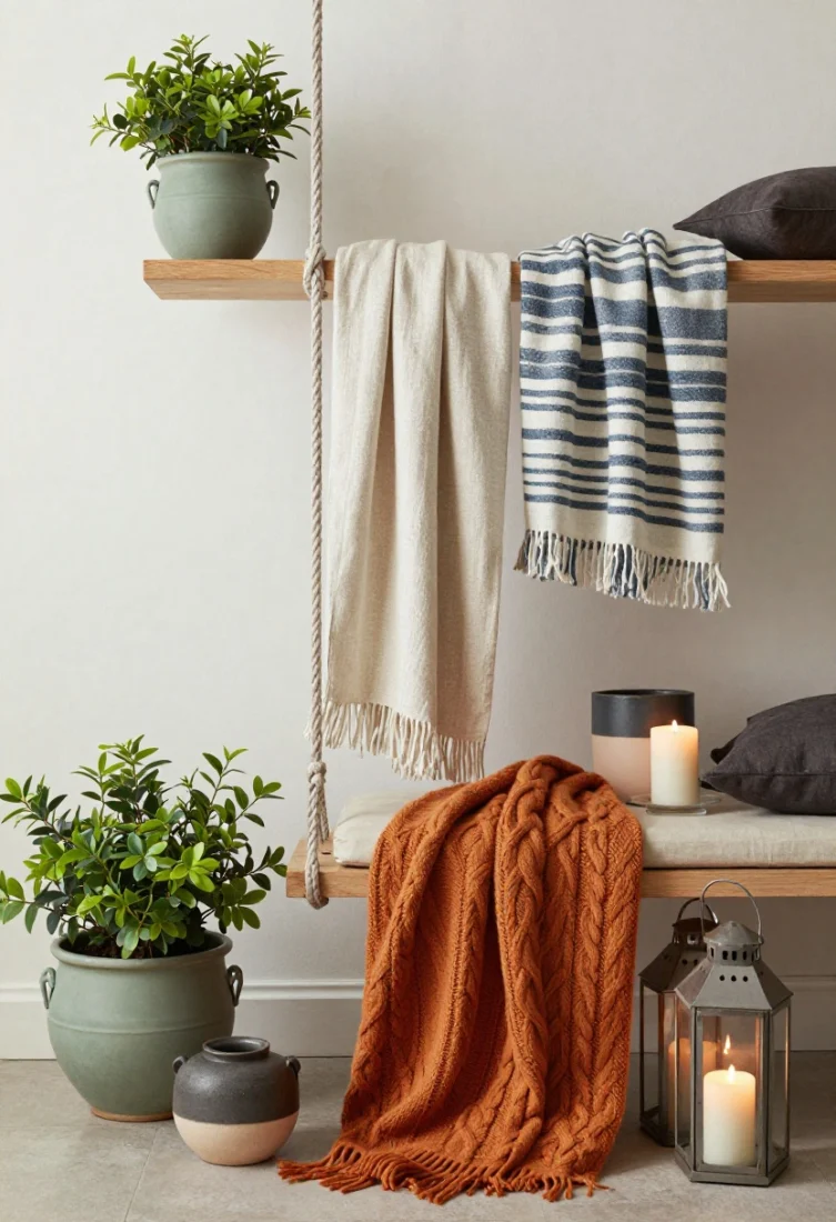 Medium seasonal styling tableau of the same swing evolving through accents: spring greenery in ceramic planters, lightweight pale linen throws; summer coastal stripes and raffia textures; fall bouclé and cable-knit throws with moody ceramics; winter candle-forward arrangement with layered lanterns and deep-toned cushions (climate-permitting); a lidded outdoor storage bench nearby; refined scent cues (cedar/eucalyptus/citrus) implied; aspirational, edit-minded luxury with negative space preserved.