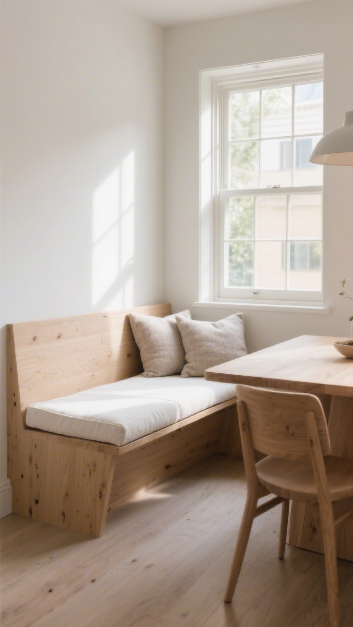 Medium shot: A cozy dining nook with a built-in pale oak bench under a window, topped with a slim off-white linen seat cushion and two small lumbar pillows in wool felt; sunlight washing the corner; clean lines, calm palette, inviting all-day hangout vibe; the bench integrates seamlessly with the wall.