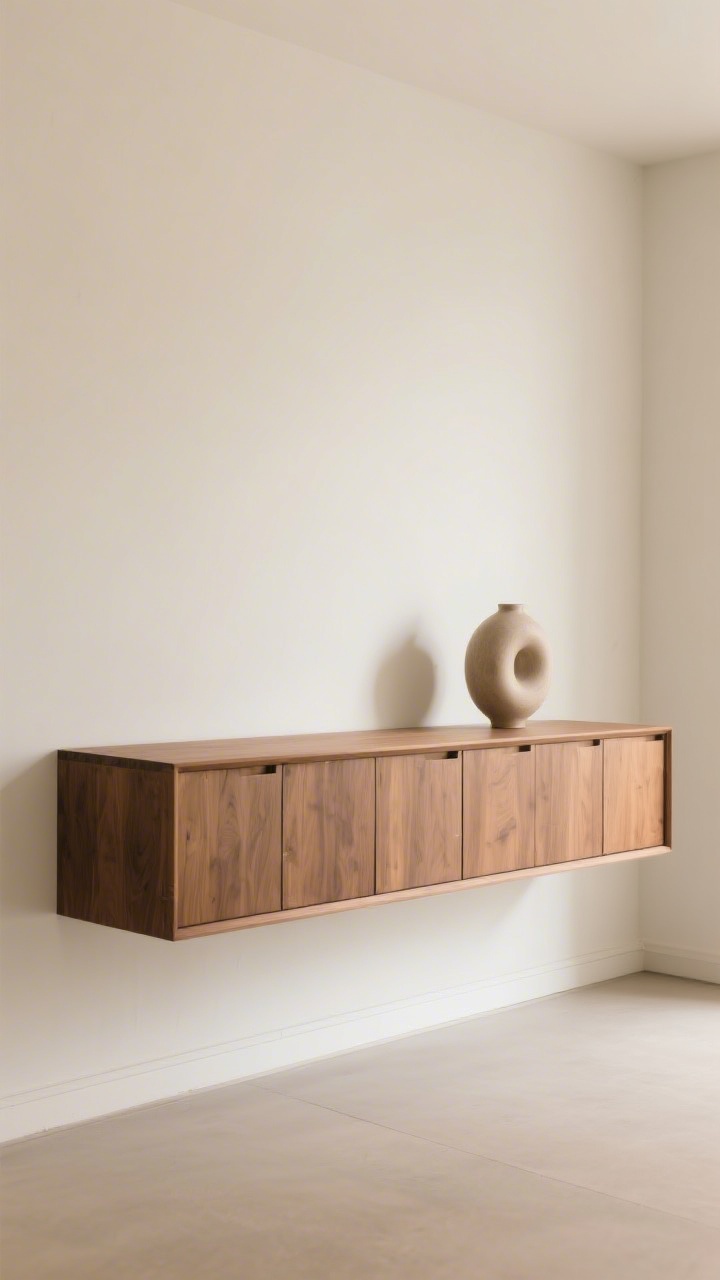 Medium shot: A floating oak credenza with handleless fronts mounted on a warm white wall, slim profile casting a light shadow; hidden storage implied with doors aligned flush; styled with a single sculptural vase on top and nothing else; clean baseboard line and pale floor; calm, decluttered feel.