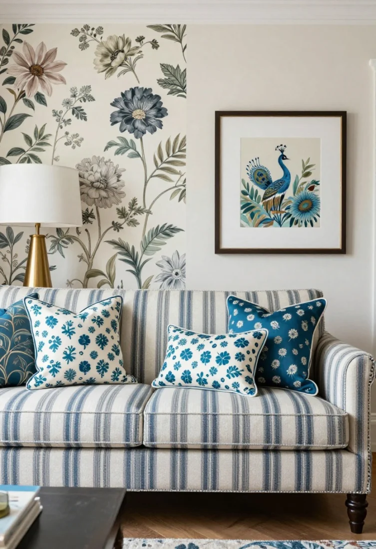 Medium shot: A living room vignette mixing patterns—large-scale floral wallpaper as the hero, a tailored sofa in geometric stripe, and small-scale ditsy print pillows—unified by a repeated peacock-blue thread color; premium trims on cushions, framed art mats echoing the motif, moody layered lighting from a brass table lamp and picture light, styled with confidence and polish.