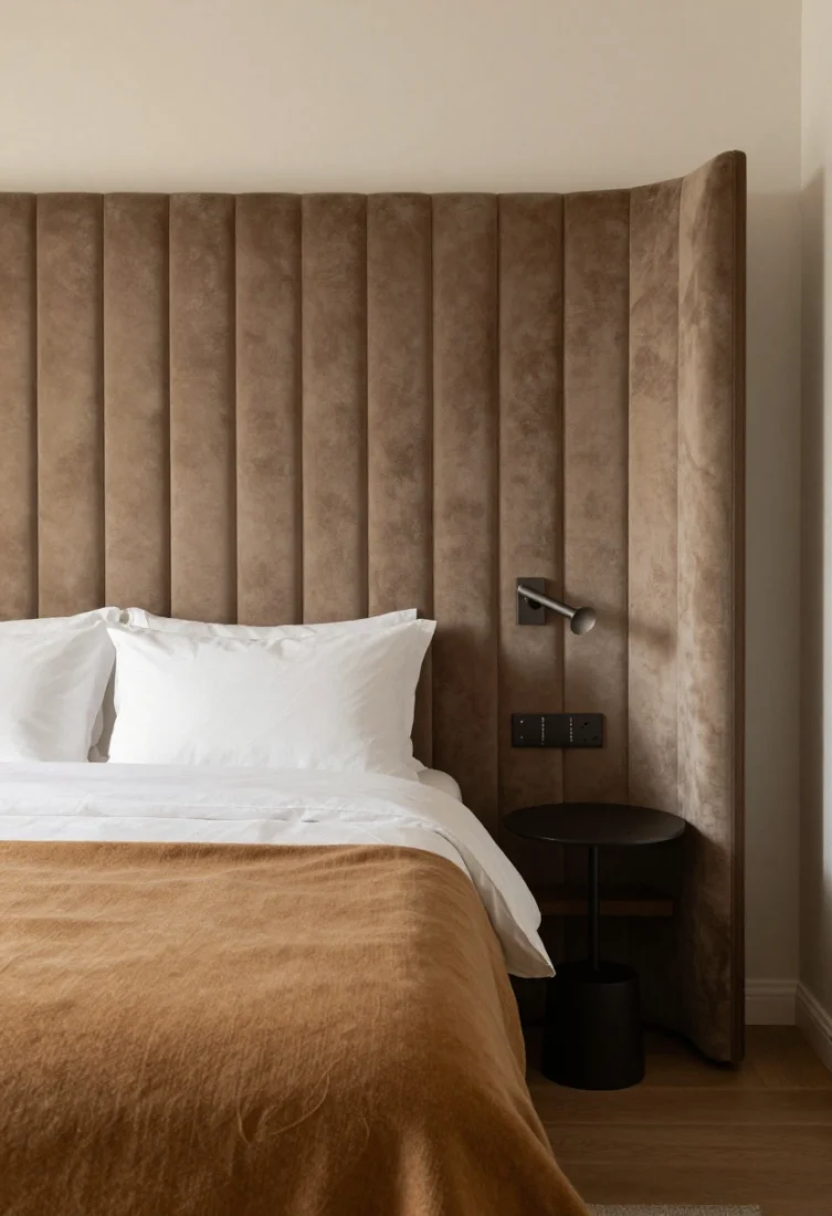 Medium shot: A luxe bed niche in a studio corner—tall, slim, wall-mounted headboard with vertical channel tufting in upholstered velvet, crisp white percale sheets, a linen duvet, and a cashmere throw in a rich but quiet jewel tone. Plug-in metal sconces flank the bed, aligned for reading, and a narrow floating nightstand on one side with a small round pedestal table on the other. Palette stays hushed; symmetry and restraint read five-star. Layered, warm bedside lighting, immaculate styling.