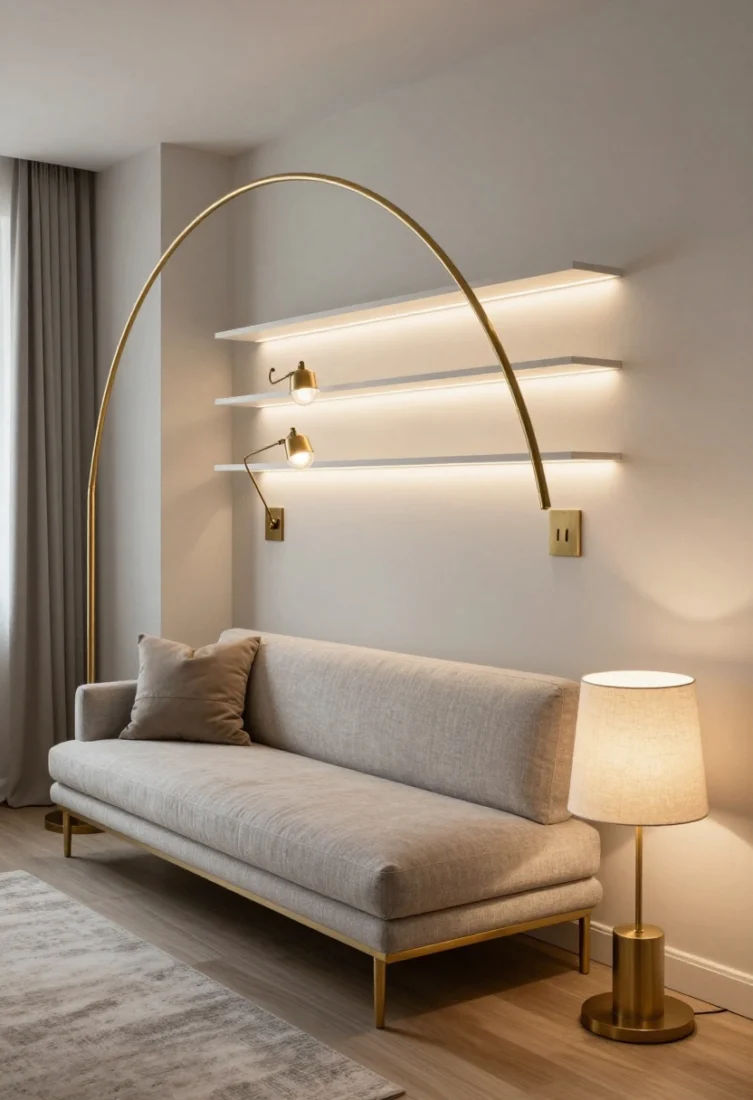 Medium shot: A small living zone layered with lighting—slender arc floor lamp over a bench-seat sofa, plug-in swing-arm sconce near a bed nook, and a petite linen-shade table lamp on a narrow console; linear LED strips glow under wall shelves, all bulbs at 2700–3000K on dimmers. Glass or metal shades with slim silhouettes, brushed brass hardware harmonized throughout, creating sculpted shadows and depth. Luxury editorial styling, no bulky drum shades, rich textures highlighted.