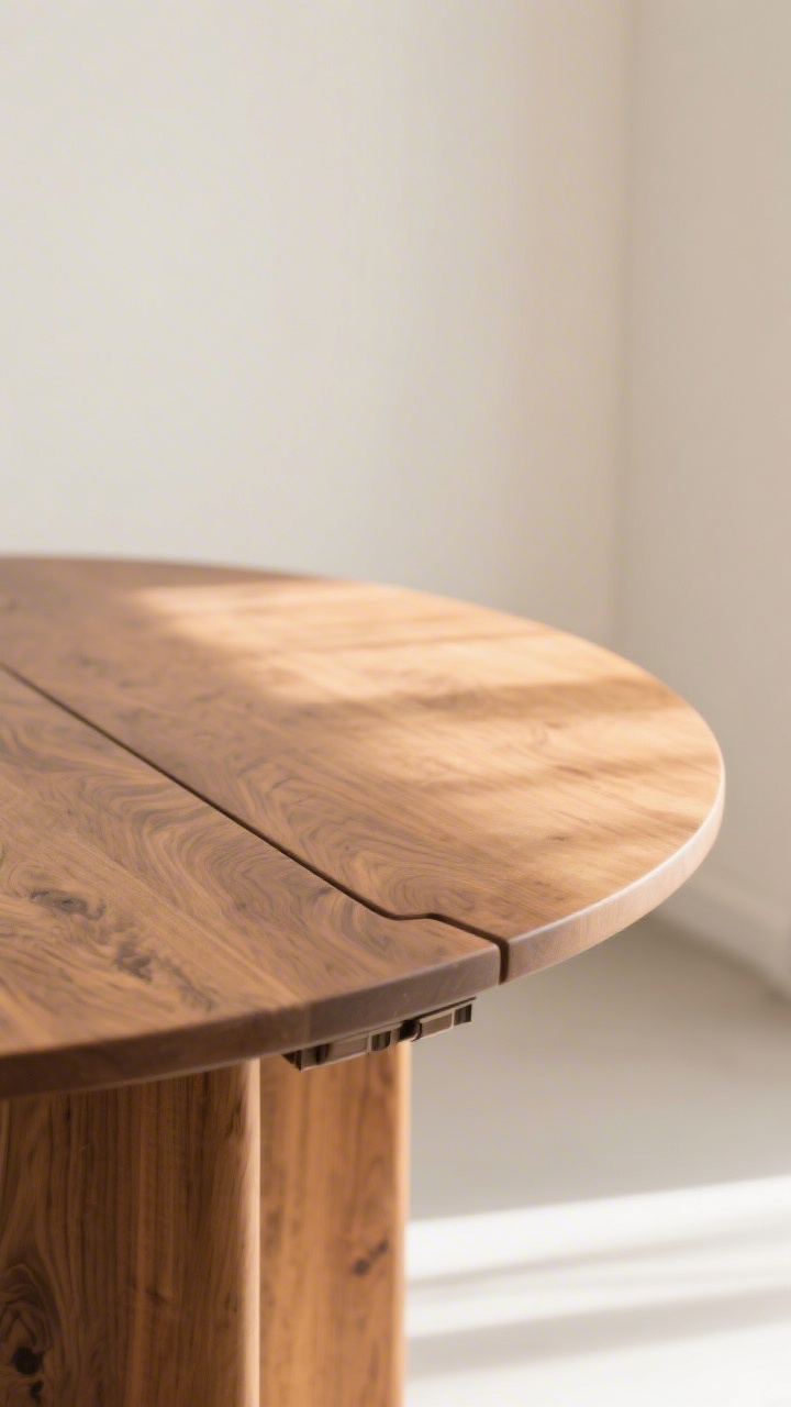 Medium shot: A solid oak oval dining table with rounded, pill-shaped edges and an oiled matte finish, shown from a corner angle to emphasize soft lines; natural wood grain visible, no glossy lacquer; subtle reflections from diffused daylight; optional hidden seam hinting at an extendable mechanism; backdrop kept minimal in warm whites.