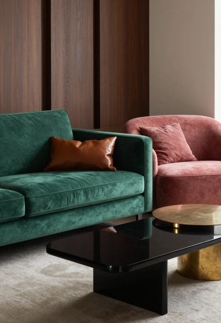 Medium shot: A tuxedo sofa upholstered in emerald mohair with contrast piping, paired with a raspberry bouclé lounge chair and a smooth leather accent pillow; glossy black lacquer coffee table and patinated brass side table create texture tension, deep tones grounding the space; soft, directional lighting emphasizing pile and color saturation for cinematic richness.