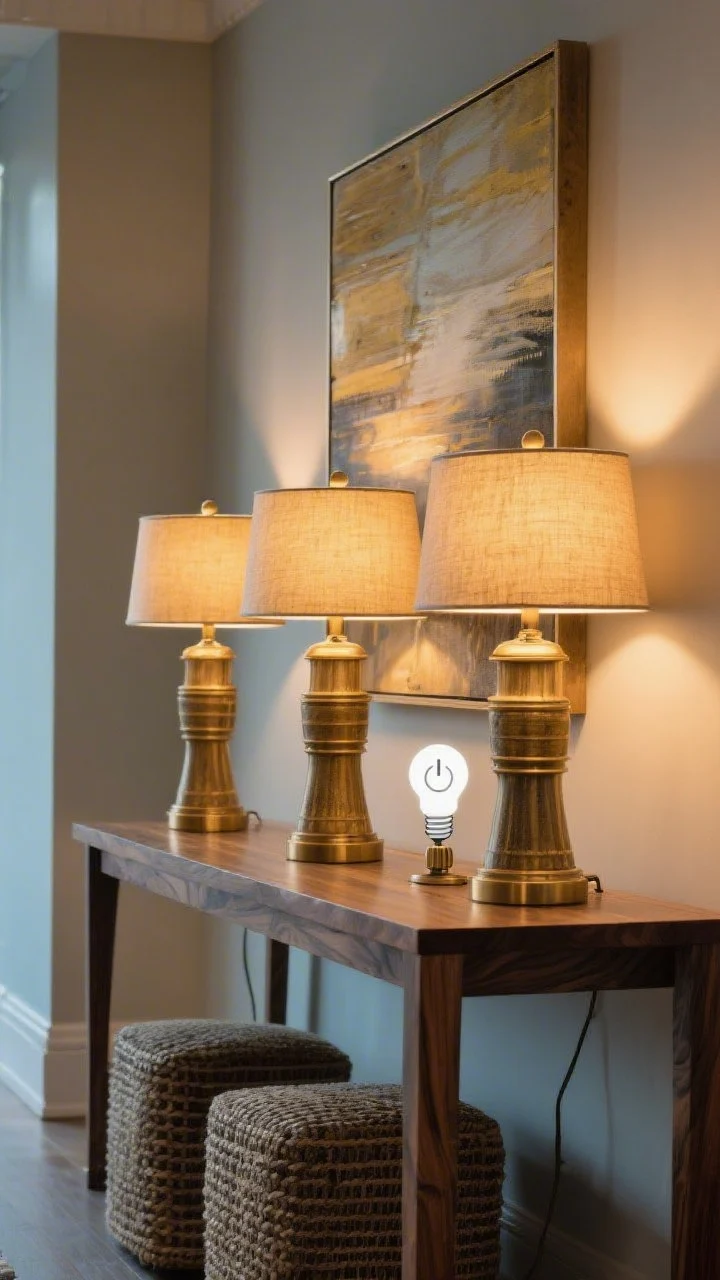 Medium shot: A vignette of a console table with three matching lamps in coordinated finishes and shade styles, all fitted with 2700K dimmable LED bulbs (warm golden glow) and CRI 90+ noted via rich, true-to-life colors in wood grain, woven textiles, and art. Show a dimmer knob or smart bulb icon on one lamp, and emphasize consistent warm color temperature across the scene. Avoid cool/blue light; everything reads cohesive and intentional.
