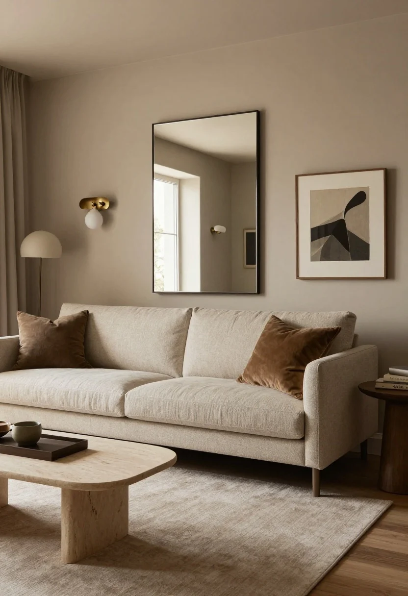 Medium shot answering an FAQ in scene form: a small living room painted mushroom or warm greige, a tight-back sofa (70–80 inches) with slender arms and visible legs in a textured neutral, paired with a slim low-profile coffee table and a petite stone side table. Tall mirror to amplify light, plug-in sconces flanking art, and a plush pale rug to expand the feel. Warm, dimmable lighting at 2700–3000K; cohesive metals; photorealistic, luxury editorial styling with confident restraint.