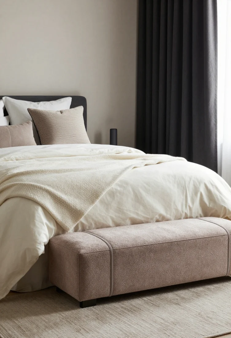 Medium shot at bed foot: Quiet luxury textiles layered for sensory comfort—a nubbly throw over a cashmere blanket atop percale sheets; plush tonal rug underfoot; a bouclé or velvet bench in soft taupe with tonal piping at the foot of the bed; pillows with contrast welting in gentle, restrained motifs; blackout-lined drapery visible at the periphery, adding richness and improved sleep quality.