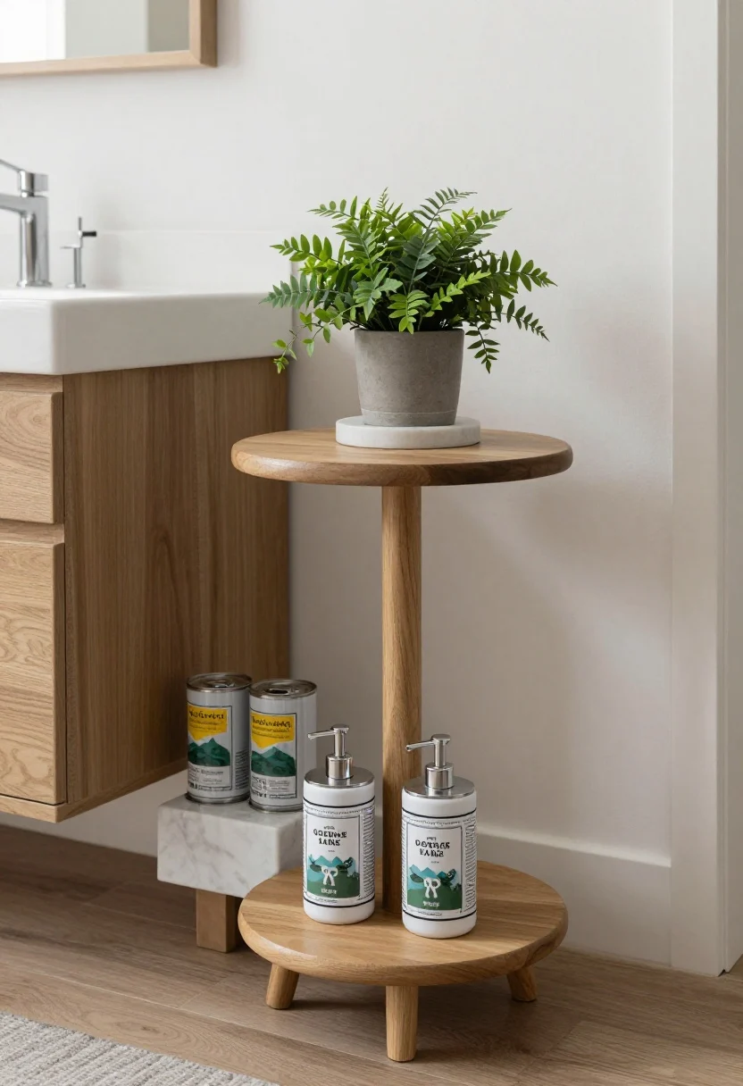 Medium shot at sink level highlighting a pedestal/riser: a small round wooden pedestal under twin soap dispensers to elevate and keep them dry, with a plant on a marble riser nearby creating staggered height; long counter broken up by a canister duo placed on a compact riser; ensure pedestal is slightly smaller than the tray to keep layers tidy; balanced natural light, clean composition.