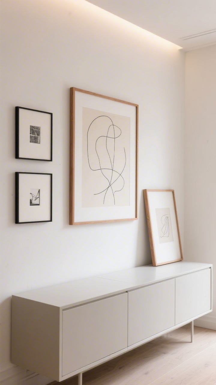 Medium shot: Calmly curated Scandinavian wall art above a slim sideboard—one oversized muted abstract line drawing in a natural wood frame hung with generous negative space; alternate smaller grid of three simple black-and-white pieces nearby; neutral palette, warm white wall, soft indirect light; option to lean one frame on the sideboard for an unfussy atelier look.
