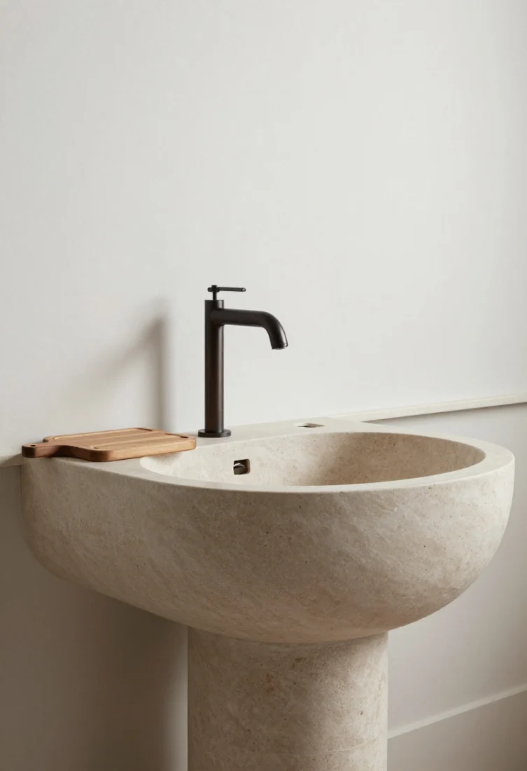Medium shot centered on a sculptural sink moment: a wide honed stone apron-front sink set into a slim stone counter, paired with a minimalist wall-mounted faucet in blackened bronze; removable chopping-board cover rests nearby; recessed soap niche and a slim ledge keep counters clear; calm, elevated focal point with refined textures