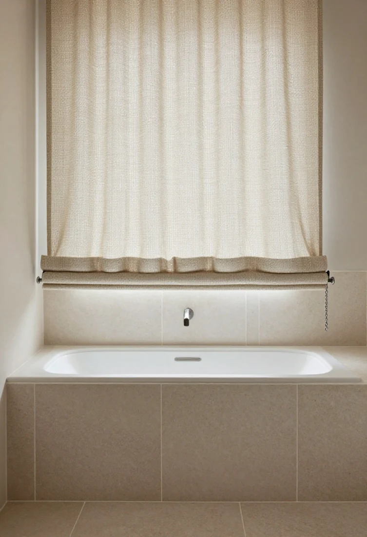 Medium shot: Contemporary bath with patterned roller shade in a quiet linen-effect or micro-check, straight-on view. Moisture-safe fabric with a cassette headrail concealing hardware and an integrated valance. Bottom rail aligns perfectly with a tile course for an intentional line. Chainless or soft-raise mechanism for serenity. Large-format stone remains the star; the pattern adds subtle interest.