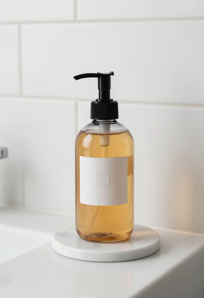 Medium shot, corner angle: a clear glass soap dispenser with a black metal pump filled with amber-toned soap, sitting atop a round white marble coaster on a cool-toned vanity. A tiny clear adhesive label on the bottle for a boutique apothecary look. Cool daylight filtering in, with the amber liquid casting a warm glow through the transparent bottle; clean backdrop of white tile and brushed metal faucet; photorealistic.