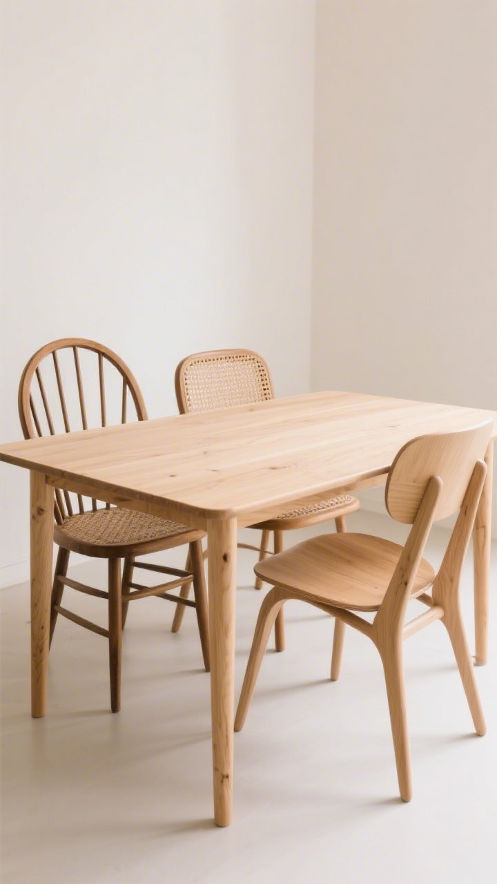 Medium shot: Eclectic set of Scandinavian dining chairs around a light beech table—two Windsor-inspired chairs, two with woven paper-cord seats, and two molded plywood chairs—unified by the same pale oak tone; cohesive finishes and repeated curves; soft natural light, low-contrast backdrop in warm white to highlight the rhythm of forms.