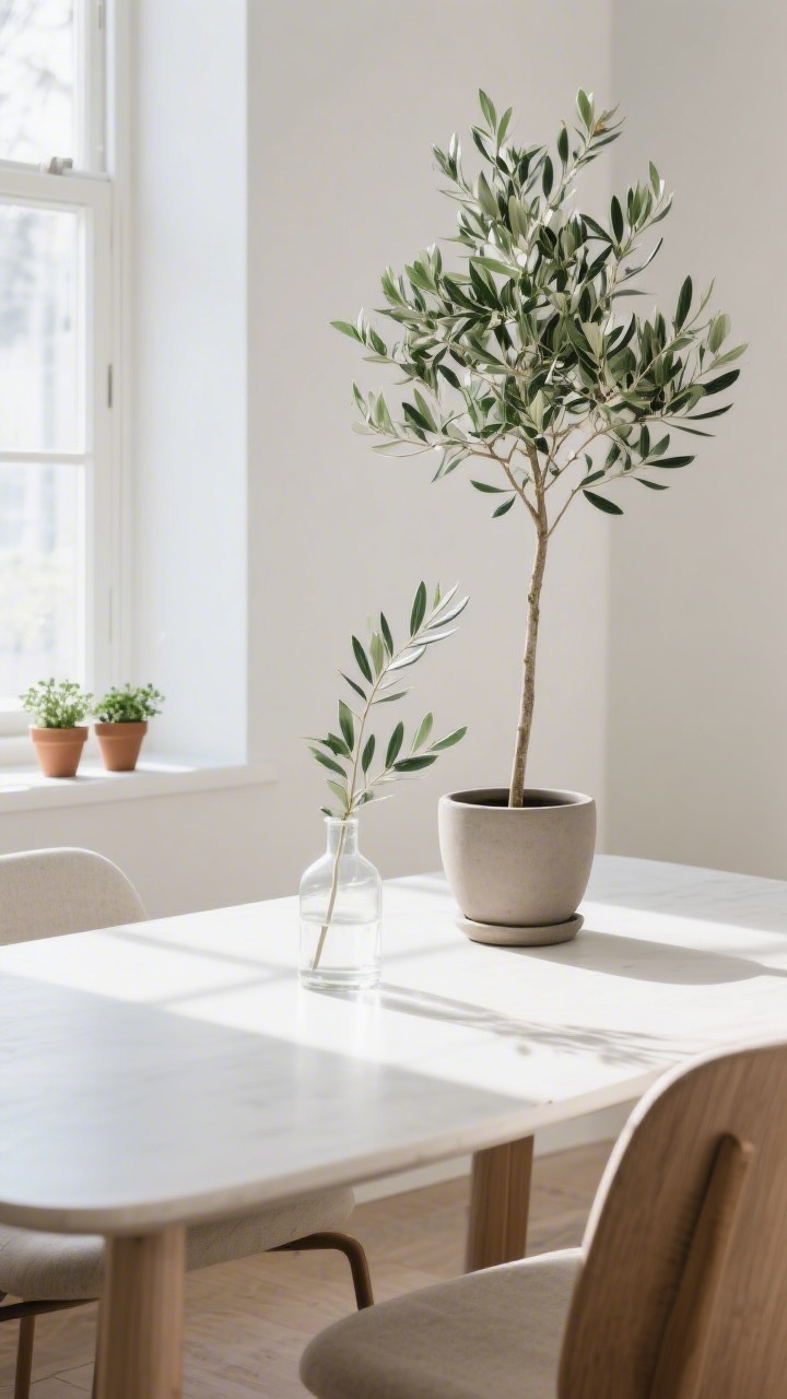 Medium shot: Edited greenery in a Scandinavian dining space—one tall indoor olive tree in a matte ceramic planter standing beside the table, a single eucalyptus stem in a clear glass bud vase centered on the tabletop, and a pair of small herb pots on a sunny ledge; clean-lined forms echoing table curves; bright, natural light.