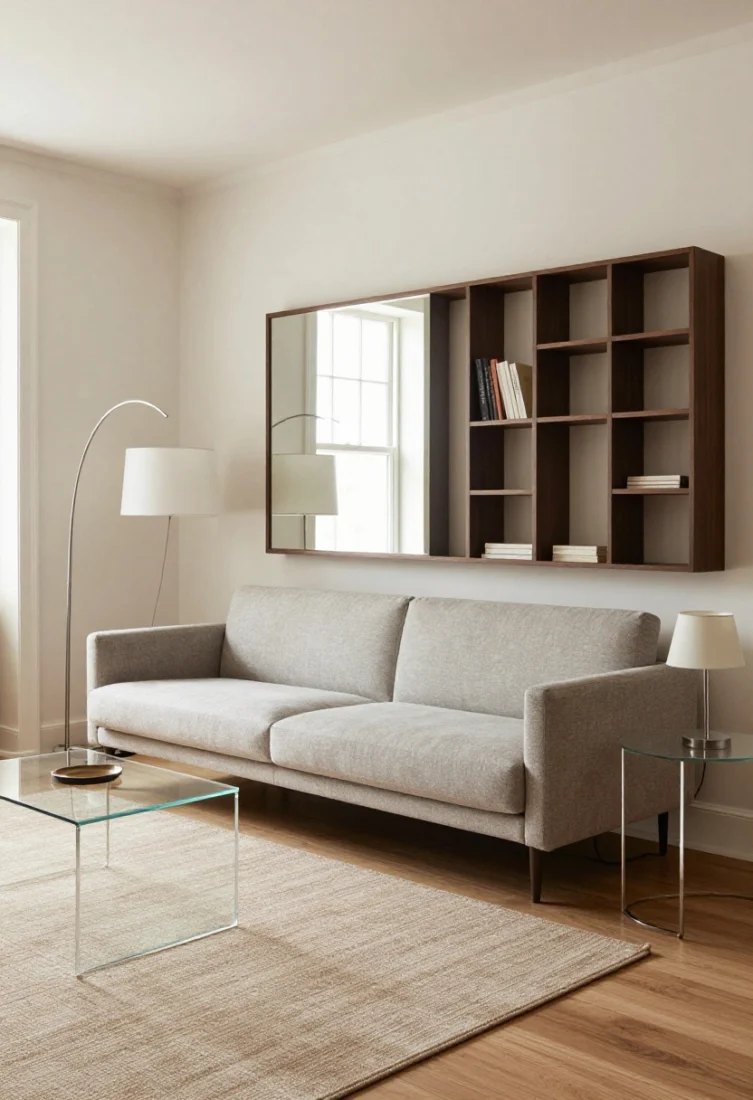 Medium shot, FAQ composite scene: A tiny living room feels larger without repainting—an oversized mid-tone rug consolidates seating, a large mirror opposite the window bounces light, glass/metal-base side tables replace bulky ones, and multiple lamps layer depth (arc floor lamp, petite table lamp). Bench-seat sofa with raised legs sized 72–82 inches wide, slim arms, tight back preserves sightlines. Tall, slim shelving with closed base adds storage without clutter; cords disciplined and out of view. Photorealistic, softly lit, premium styling.