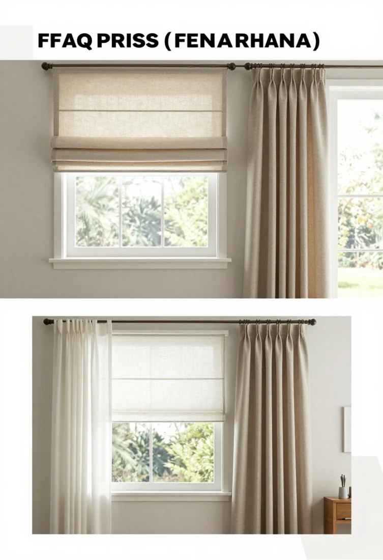 Medium shot: FAQ vignette trio—side-by-side windows demonstrating: a moisture-safe performance polyester Roman with protective liner for humid zones; a sheer linen panel paired with a top-down bottom-up shade for daytime light plus evening privacy; and a sill-length curtain with 1/2-inch clearance, avoiding floor pooling. Coordinated hardware finishes, ventilated, photorealistic materials, aspirational editorial polish.
