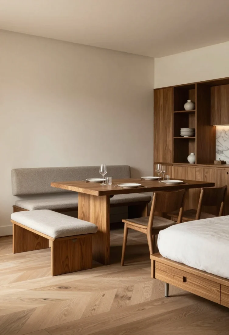 Medium shot: Flexible multi-taskers in a compact lounge-dining zone—an upholstered storage ottoman with lift-top hiding throws, two slim benches tucked under a narrow console for pull-out seating, and a drop-leaf table expanded for dinner with elegant place settings. Nesting side tables and a platform daybed with drawers in view. All on legs or low profiles to keep airspace open; warm dimmable lighting and refined textures keep the scene calm and luxurious.