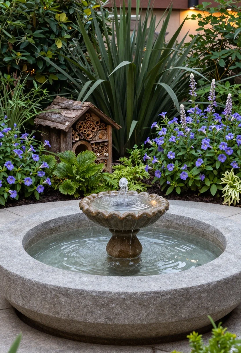 Medium shot focusing on a micro-wildlife haven: a low, wide stone basin fountain near seating, water gently moving and reflective; subtle log pile and insect hotel tucked behind planting; night-scented nicotiana and honeysuckle nearby for evening perfume; serene, composed placement with premium stone finishes; soft ambient light transitioning toward dusk; no people.