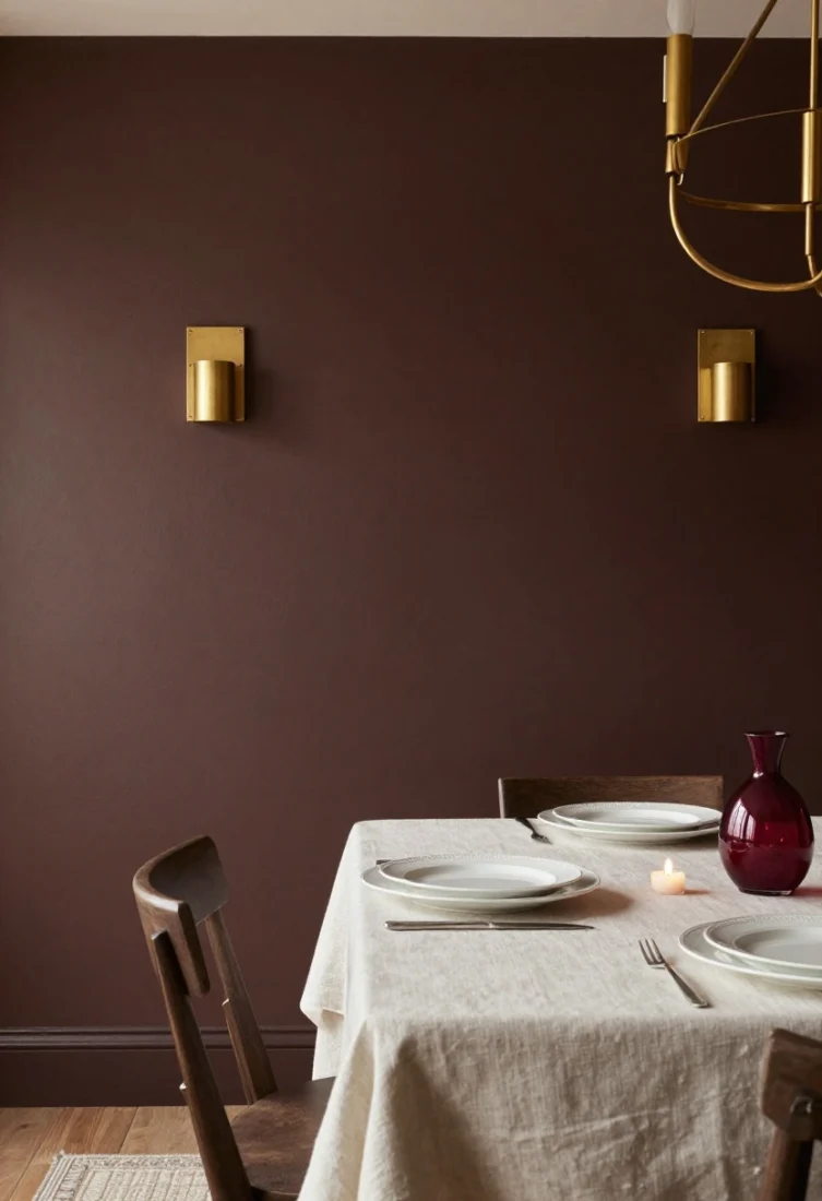 Medium shot focusing on a single dining room wall saturated in a near-black browned plum paint with an eggshell sheen, creating an evening-ready enclave; dimmable brass sconces on the feature wall at 2700K cast flattering low light; pale linen table runner, white dishes with generous matting-like borders, and a small merlot-colored ceramic vase echoing the wall tone; warm candlelight on the table complements the hue; premium finishes with a softly glowing chandelier out of frame; no pure black, just complex undertones for a luxe, velvety effect; confident, moody, and polished.