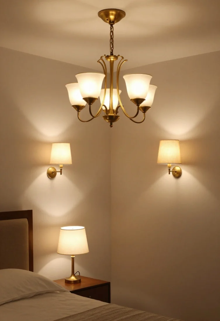 Medium shot from a corner angle: A compact bedroom lighting vignette featuring a petite chandelier in antique brass, matching wall-mounted swing-arm sconces with fabric shades, and low-glow bedside lamps on dimmers; warm 2700–3000K illumination creating soft halos and sculpted shadows; coordinated metal finishes for a jewelry-like effect; frosted glass and linen shades diffusing light at varied heights for depth; luxe, editorial mood with reflective accents.