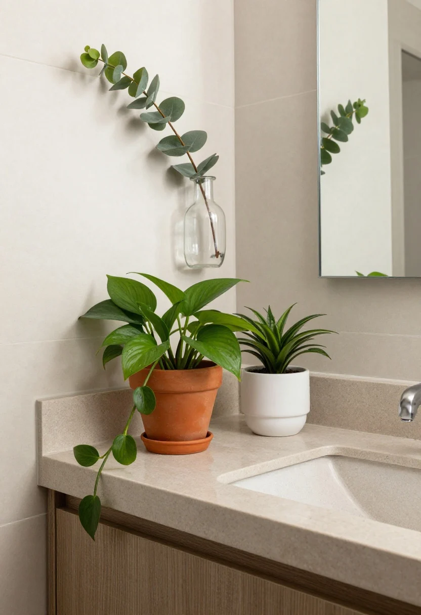 Medium shot from a corner angle of a bathroom counter featuring greenery: a tiny terracotta pot with a trailing pothos and a small white ceramic pot with a ZZ plant; a wall-mounted glass bud vase with a faux eucalyptus sprig above a compact counter; neutral stone countertop, satin nickel faucet, soft diffused daylight; emphasize small footprint pots and the vertical element, with slight moisture on tiles suggesting bathroom humidity.